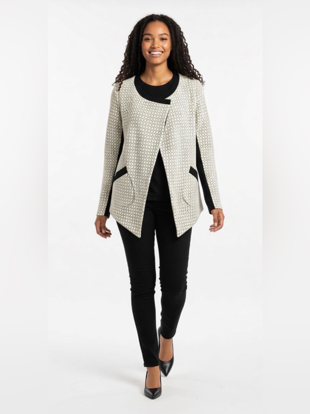 Club Monaco Asymmetrical Quilted Jacket
Merino Wool Trim Open-Front Size M